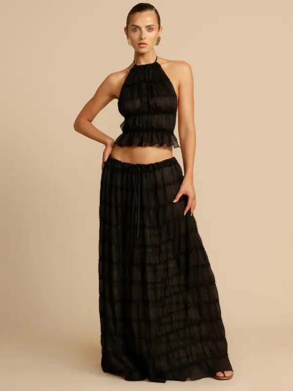 Conjunto de Cropped e Saia Longa Drapeado Luana Preto - Ziora