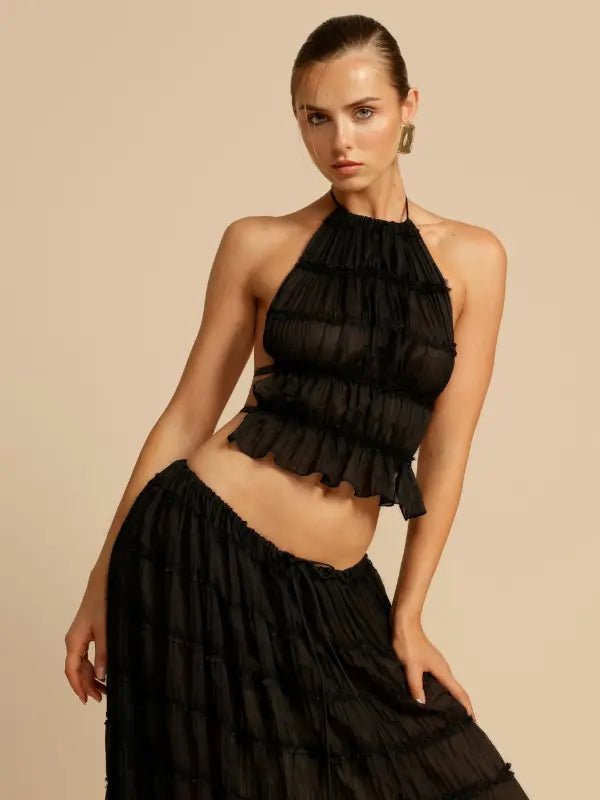 Conjunto de Cropped e Saia Longa Drapeado Luana Preto - Ziora