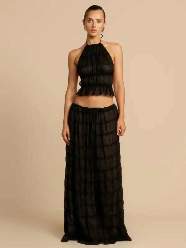 Conjunto de Cropped e Saia Longa Drapeado Luana Preto - Ziora