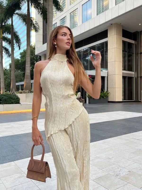 Conjunto Plissado Blusa Assimétrica e Calça Pantalona Mina - Ziora