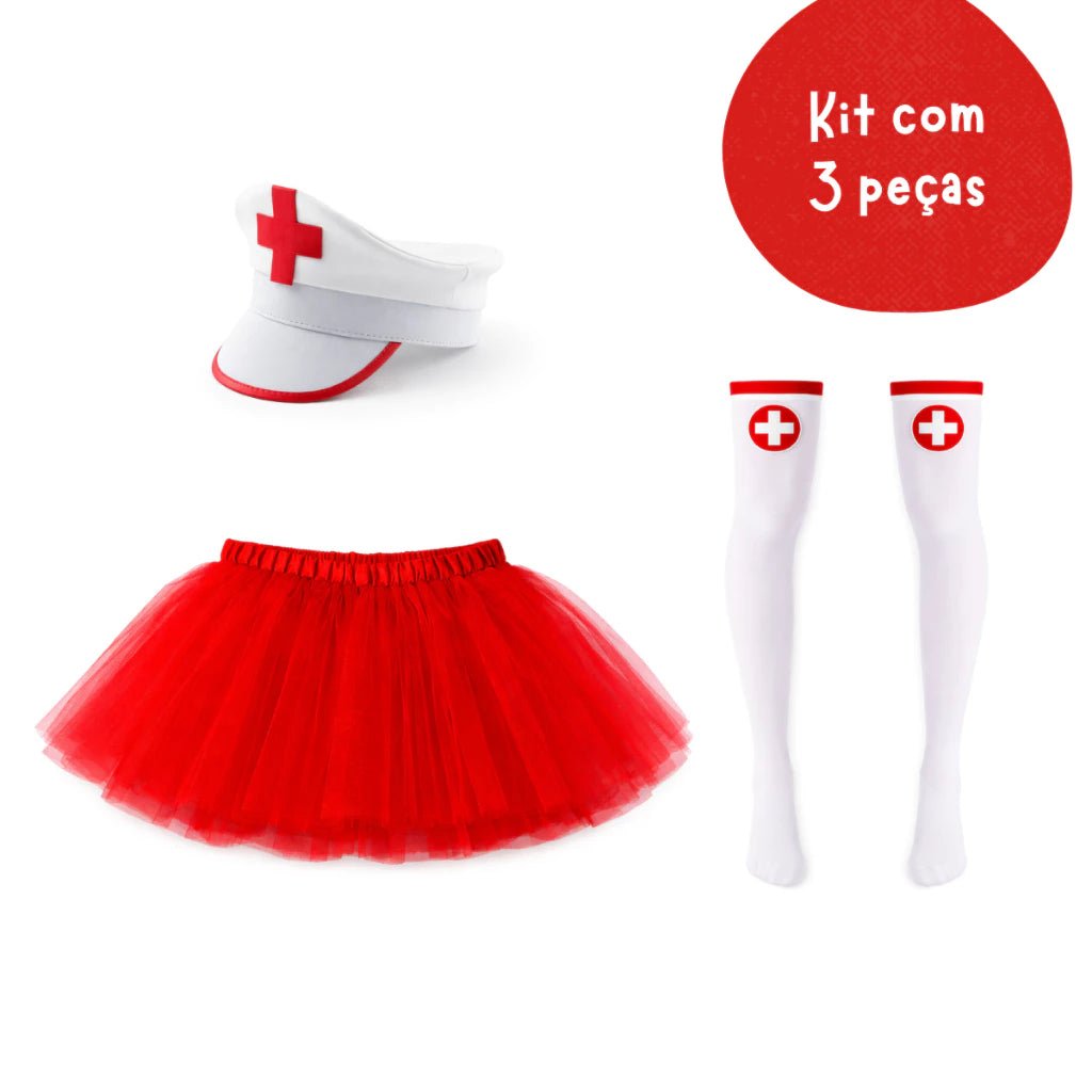 Fantasia de Enfermeira Kit 3 Peças com Saia de Tule Vermelha, Tiara e Meias para Carnaval e Festas - Innovare
