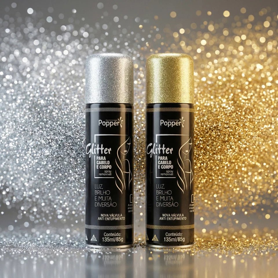 Spray de Glitter para Cabelo e Corpo Popper Dourado e Prateado Removível para Carnaval e Festas - Innovare