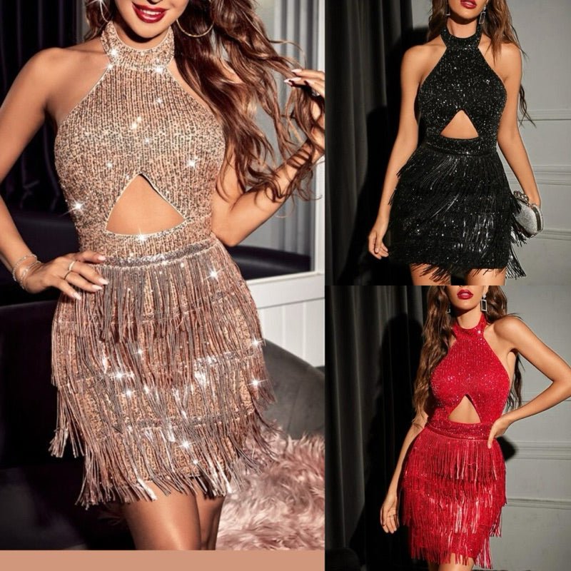 Vestido Curto Festa Brilho Paetês Lantejoulas Franjas Formatura Premium Moda Blogueira Sensual - Innovare