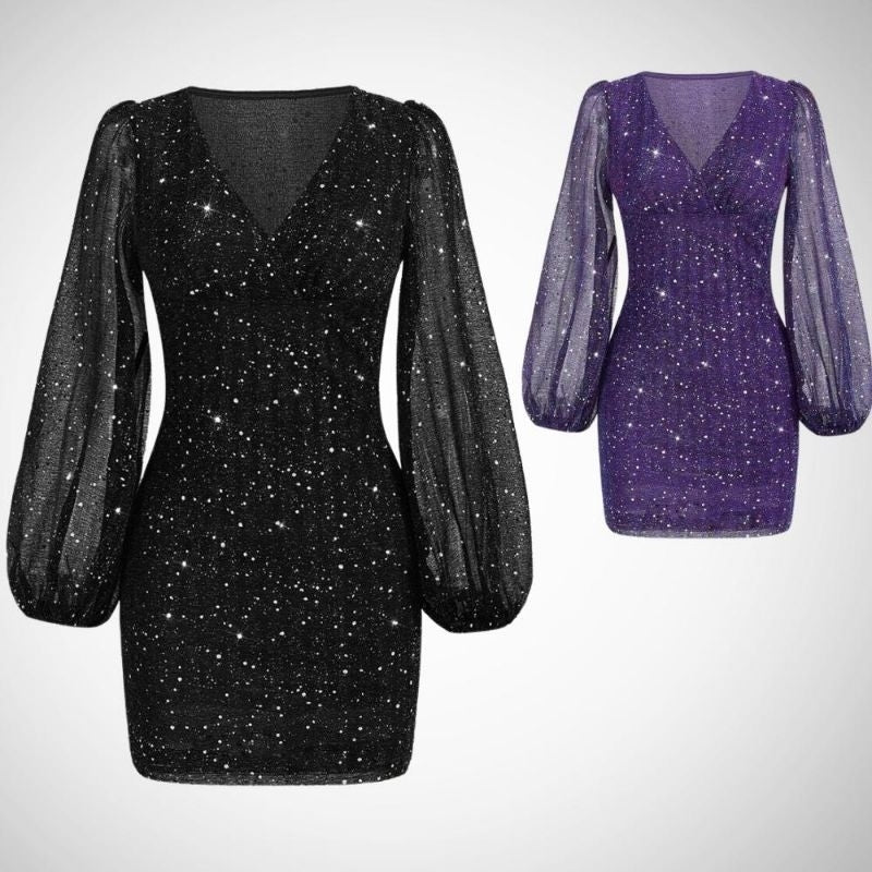 Vestido Curto Manga Comprida Brilho Glitter Sensual Elegante Tendência Moda Blogueira D025 - Innovare