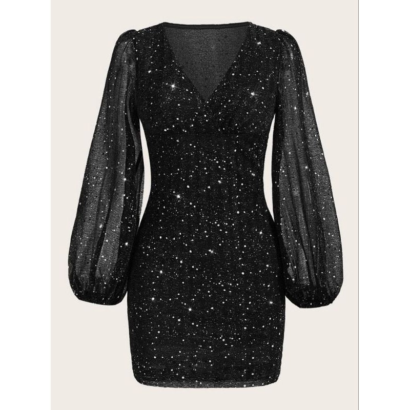 Vestido Curto Manga Comprida Brilho Glitter Sensual Elegante Tendência Moda Blogueira D025 - Innovare