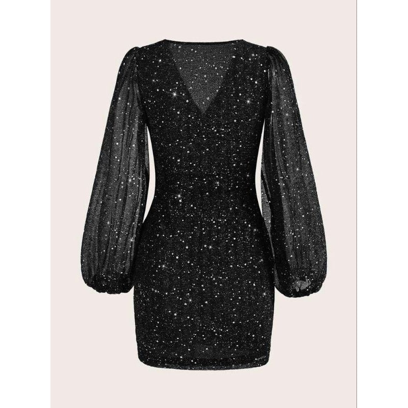Vestido Curto Manga Comprida Brilho Glitter Sensual Elegante Tendência Moda Blogueira D025 - Innovare
