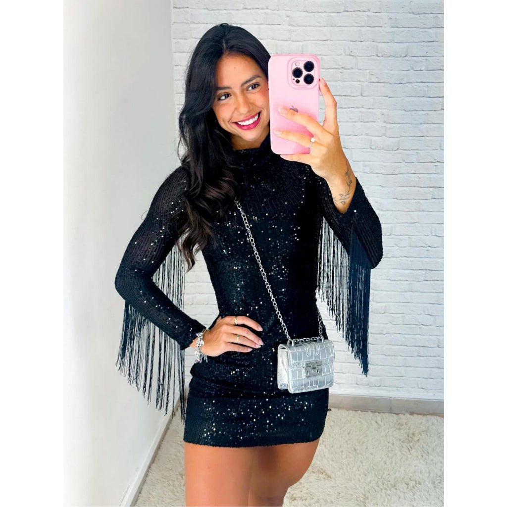 Vestido feminino moda pecuária em paetê festa country manga longa franjas brilho gola alta e zíper - Innovare