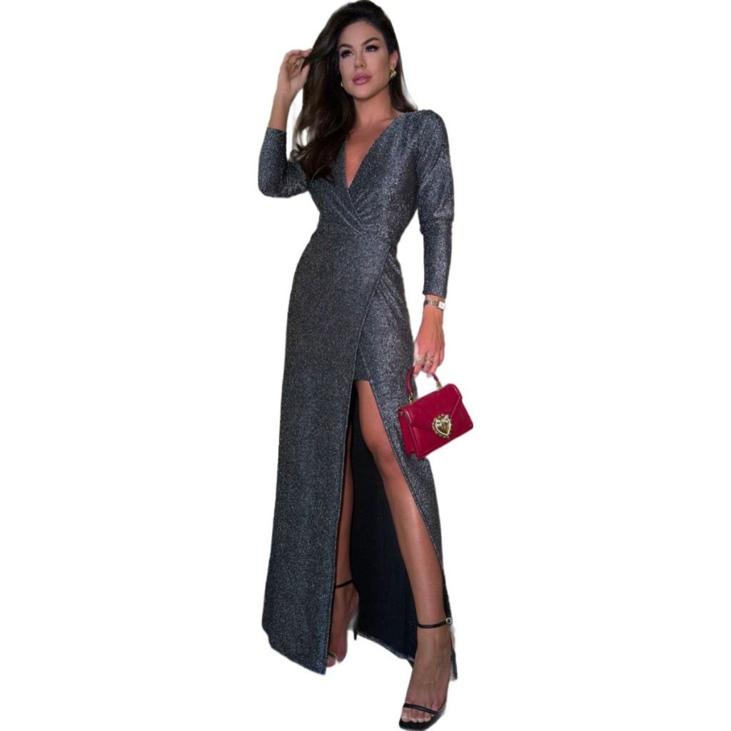 Vestido Longo com Fenda e Brilho Lurex, Formatura, Casamento - Innovare
