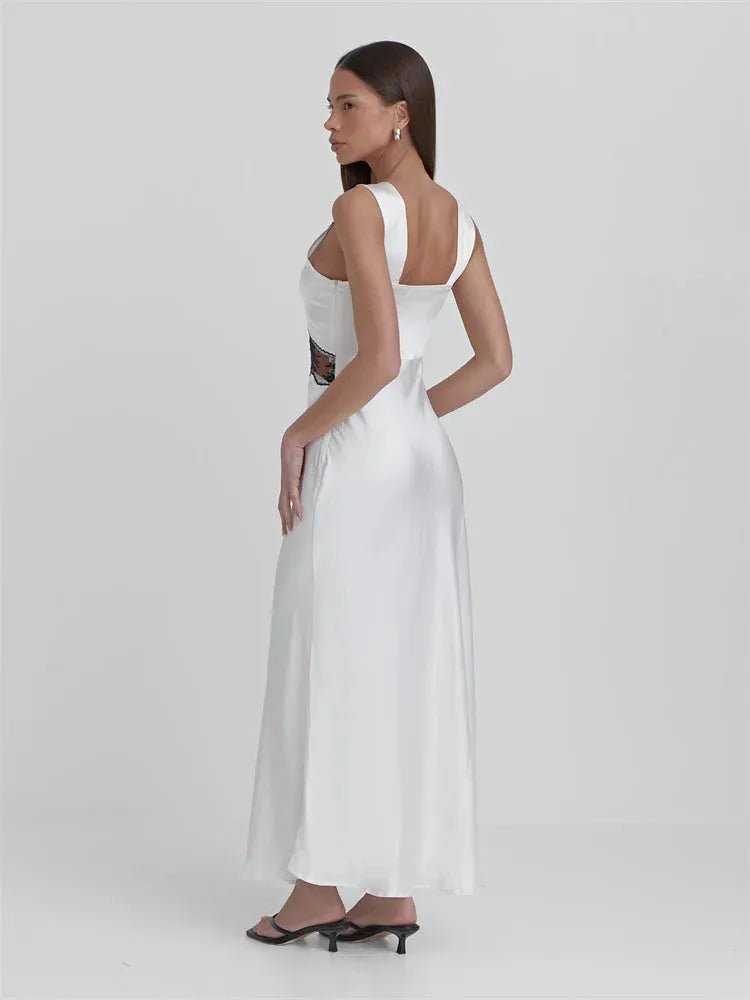 Vestido Longo em Cetim com Recortes e Renda Floral Libra - Ziora