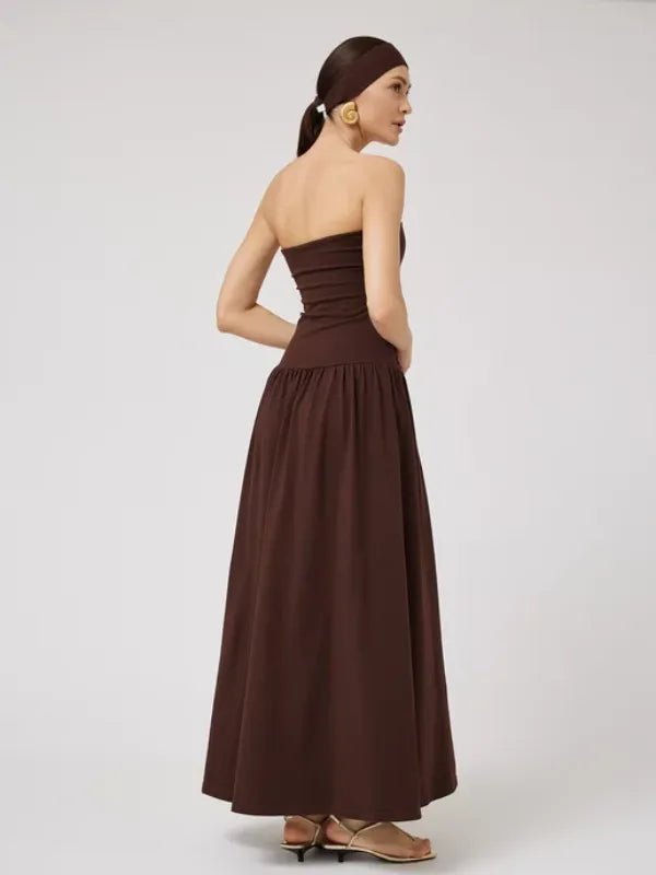 Vestido Longo Tomara que Caia Detalhe Franzido Marrom Chocolate Hellen - Ziora