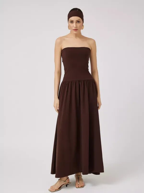 Vestido Longo Tomara que Caia Detalhe Franzido Marrom Chocolate Hellen - Ziora