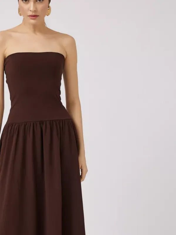 Vestido Longo Tomara que Caia Detalhe Franzido Marrom Chocolate Hellen - Ziora