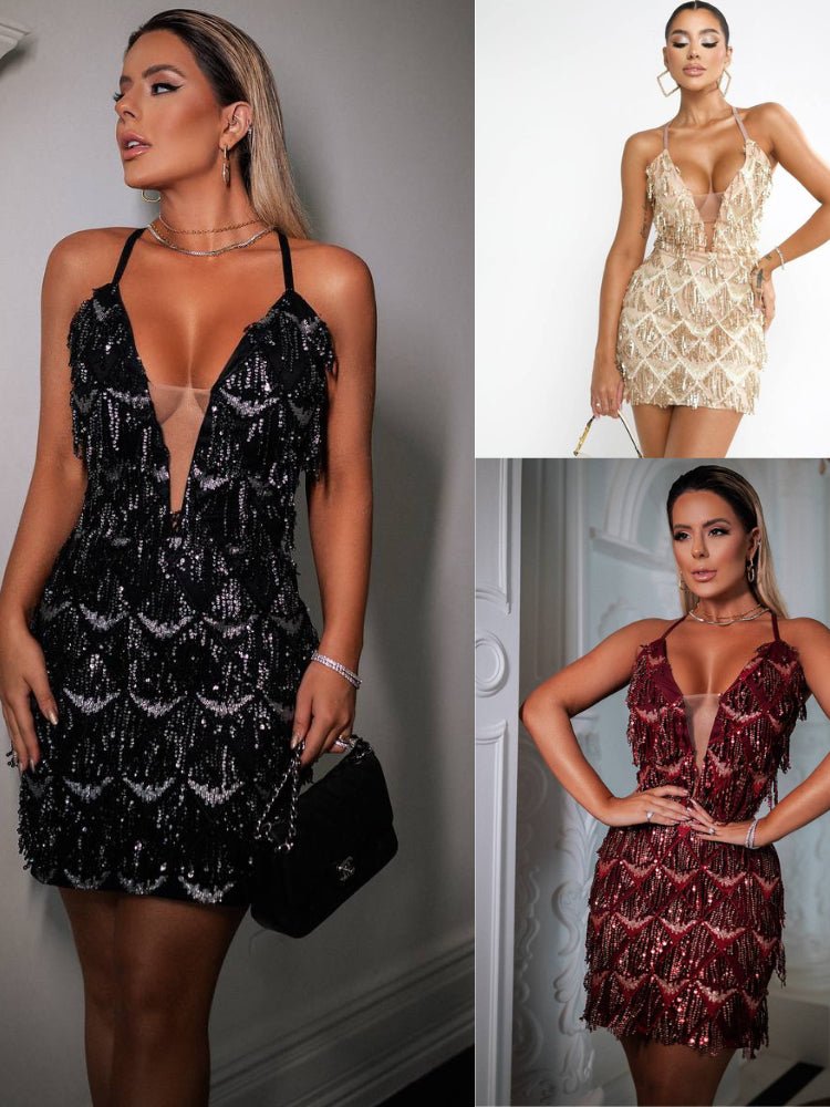 VESTIDO PAETE COM FRANJA DECOTE V COM FERRINHO OU TULE BRILHANTE CARNAVAL E FESTA - Innovare