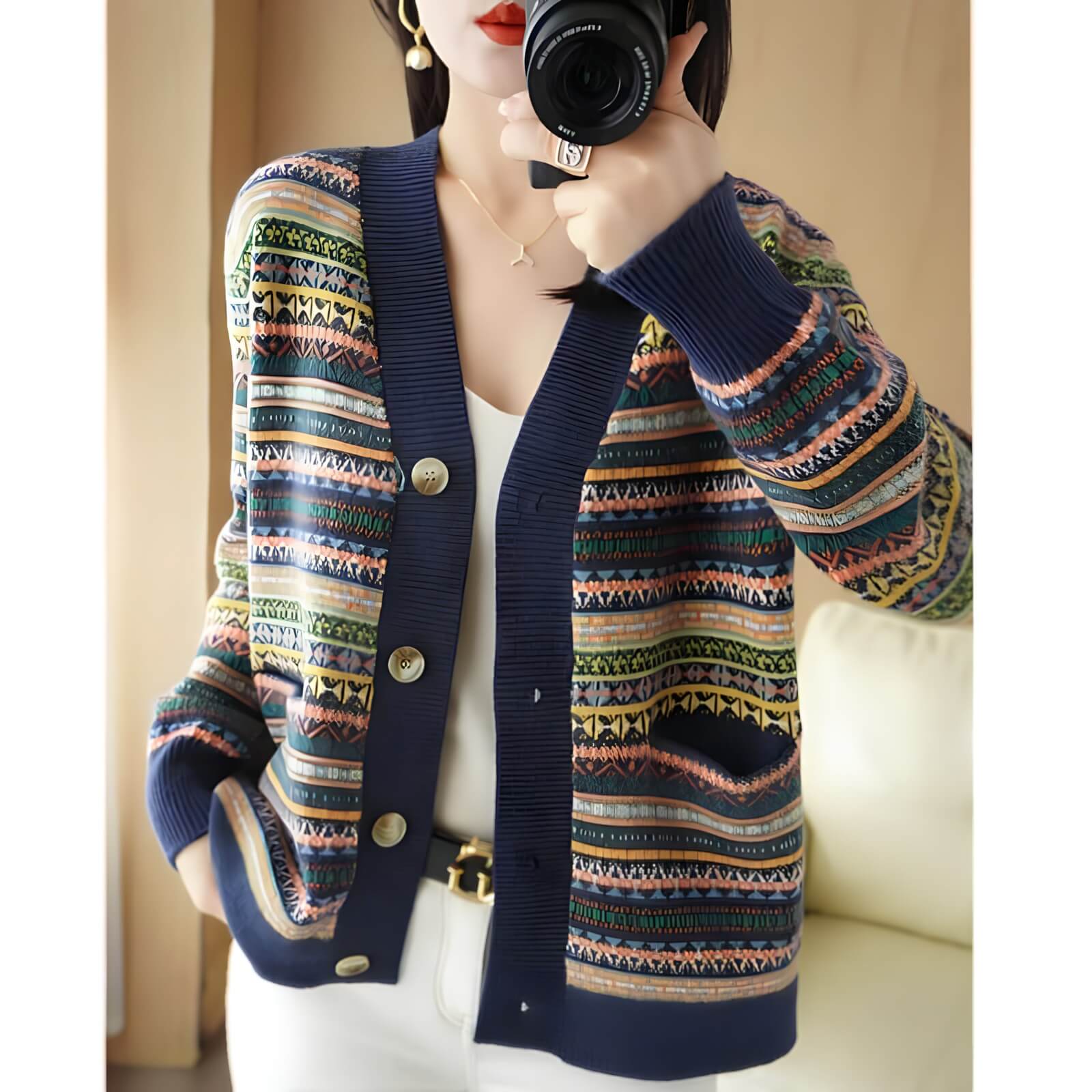 Cardigan Jacquard com Botões Parasol - Vista Ladies