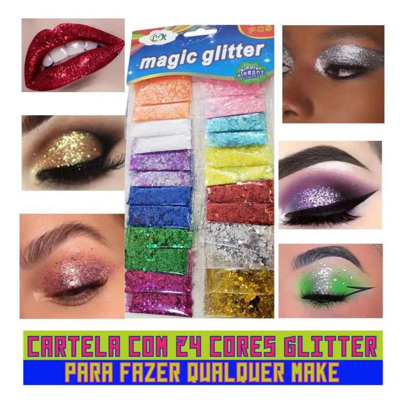 Cartela com 24 Glitters Flocados Coloridos Profissional para Maquiagem, Unhas e Nail Art - Innovare