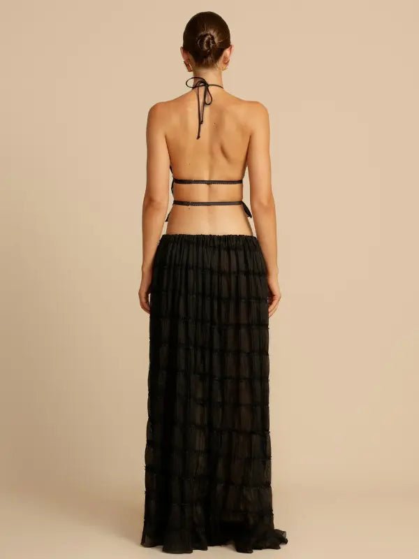 Conjunto de Cropped e Saia Longa Drapeado Luana Preto - Ziora