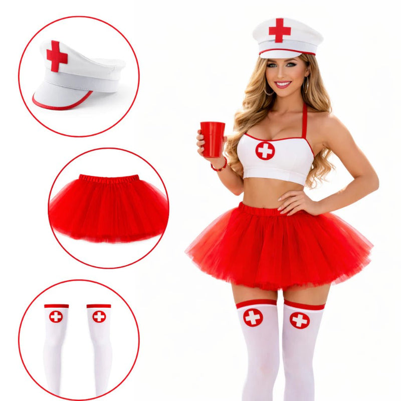Fantasia de Enfermeira Kit 3 Peças com Saia de Tule Vermelha, Tiara e Meias para Carnaval e Festas - Innovare