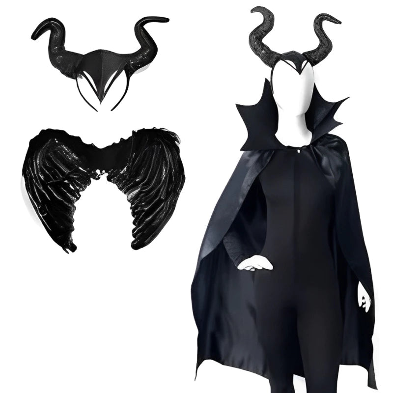 Fantasia Malévola com Chifres Kit 3 Peças Adulto Preto com Arco, Capa e Asas para Carnaval - Innovare