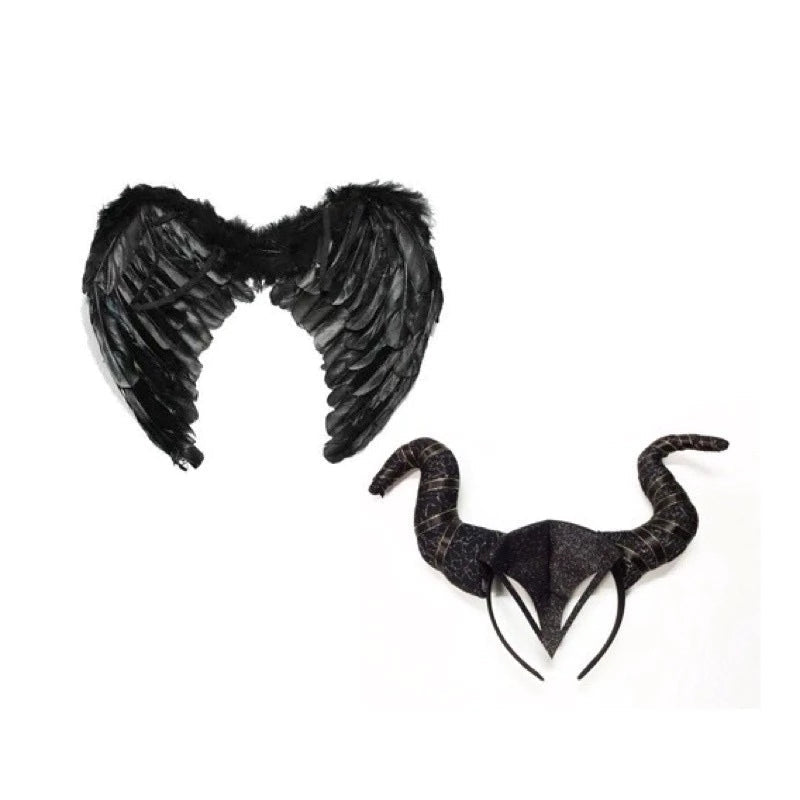 Fantasia Malévola com Chifres Kit 3 Peças Adulto Preto com Arco, Capa e Asas para Carnaval - Innovare