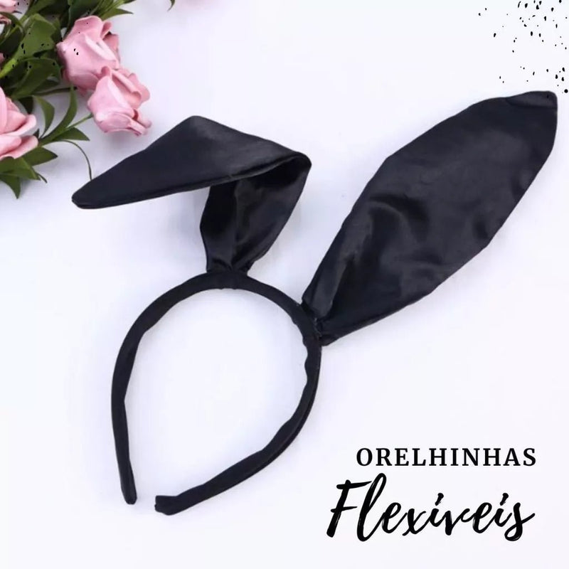 Kit Coelhinha Carnaval Luxo 5 Peças Preto com Orelhas, Luvas, Gravata e Acessórios para Fantasia - Innovare