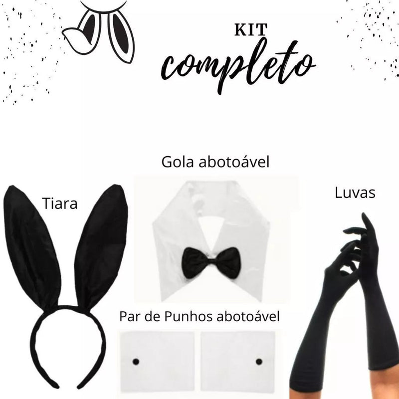 Kit Coelhinha Carnaval Luxo 5 Peças Preto com Orelhas, Luvas, Gravata e Acessórios para Fantasia - Innovare