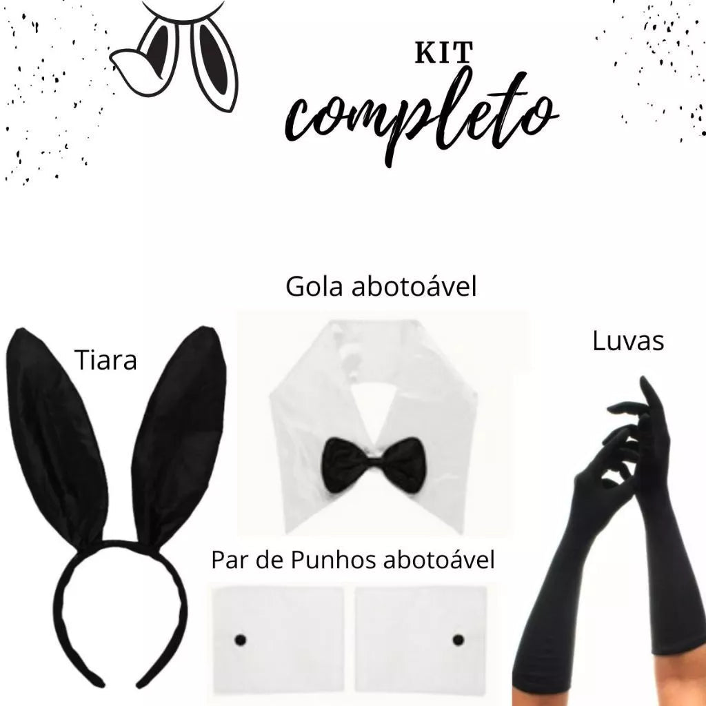 Kit Coelhinha Carnaval Luxo 5 Peças Preto com Orelhas, Luvas, Gravata e Acessórios para Fantasia - Innovare