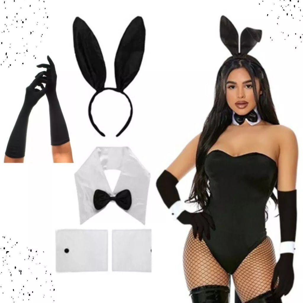 Kit Coelhinha Carnaval Luxo 5 Peças Preto com Orelhas, Luvas, Gravata e Acessórios para Fantasia - Innovare