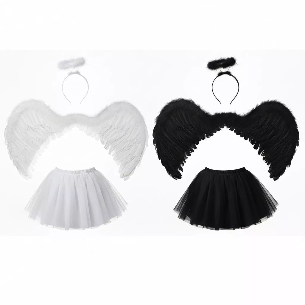 Kit Fantasia de Anjinho Luxo Carnaval com Asa, Saia de Tule e Auréola Branco ou Preto - Innovare