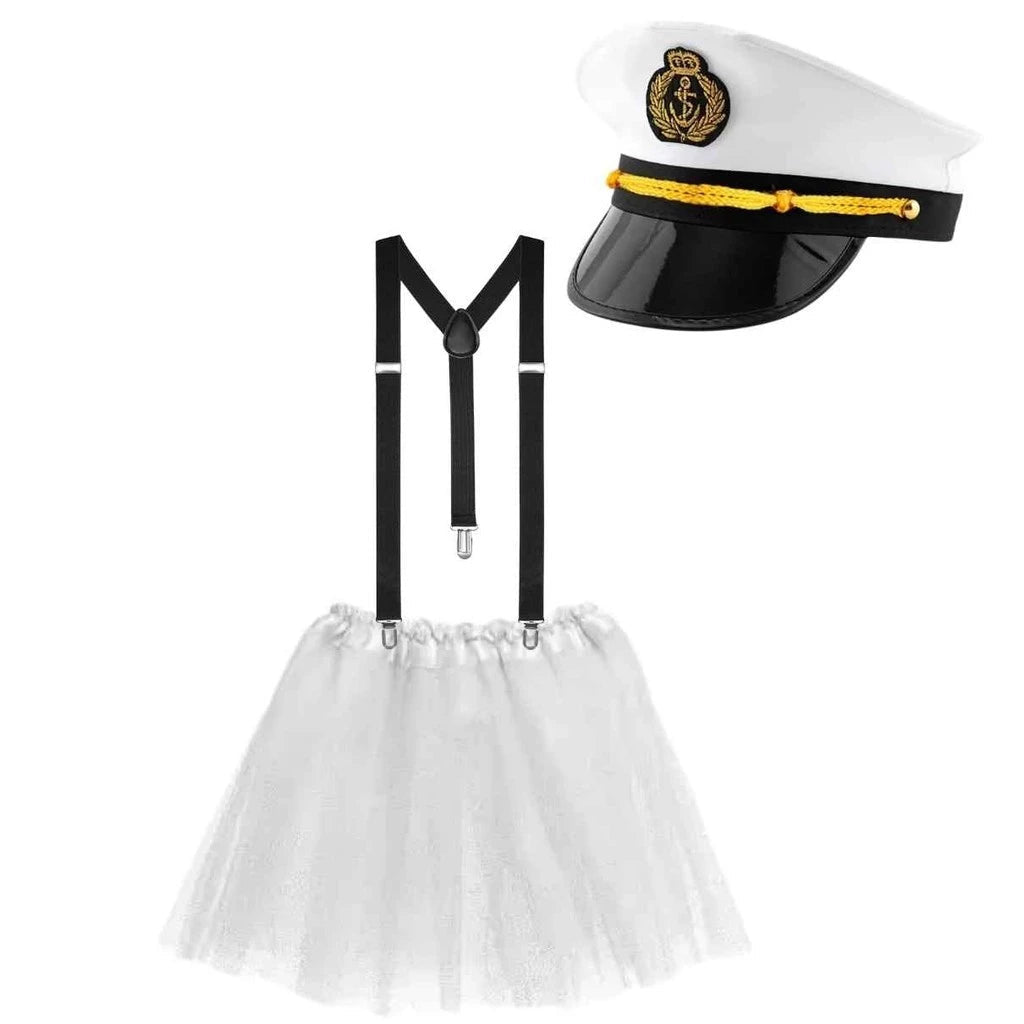 Kit Fantasia Marinheira Sexy para Carnaval com Saia de Tule, Chapéu e Suspensório - Innovare