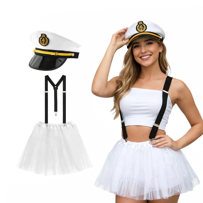 Kit Fantasia Marinheira Sexy para Carnaval com Saia de Tule, Chapéu e Suspensório - Innovare