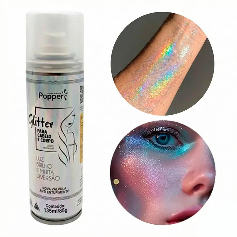 Spray de Glitter para Cabelo e Corpo Popper Dourado e Prateado Removível para Carnaval e Festas - Innovare