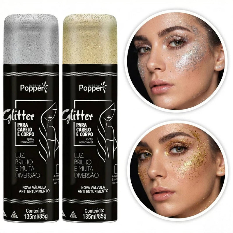 Spray de Glitter para Cabelo e Corpo Popper Dourado e Prateado Removível para Carnaval e Festas - Innovare