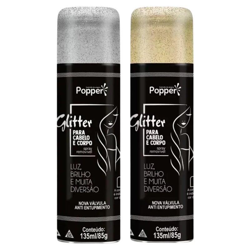 Spray de Glitter para Cabelo e Corpo Popper Dourado e Prateado Removível para Carnaval e Festas - Innovare
