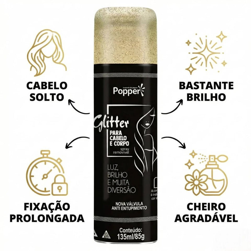 Spray de Glitter para Cabelo e Corpo Popper Dourado e Prateado Removível para Carnaval e Festas - Innovare