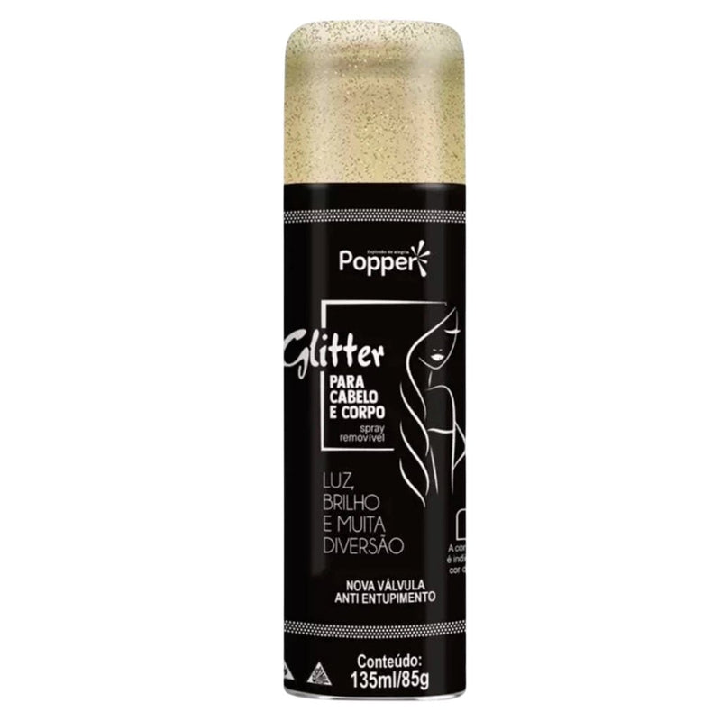 Spray de Glitter para Cabelo e Corpo Popper Dourado e Prateado Removível para Carnaval e Festas - Innovare