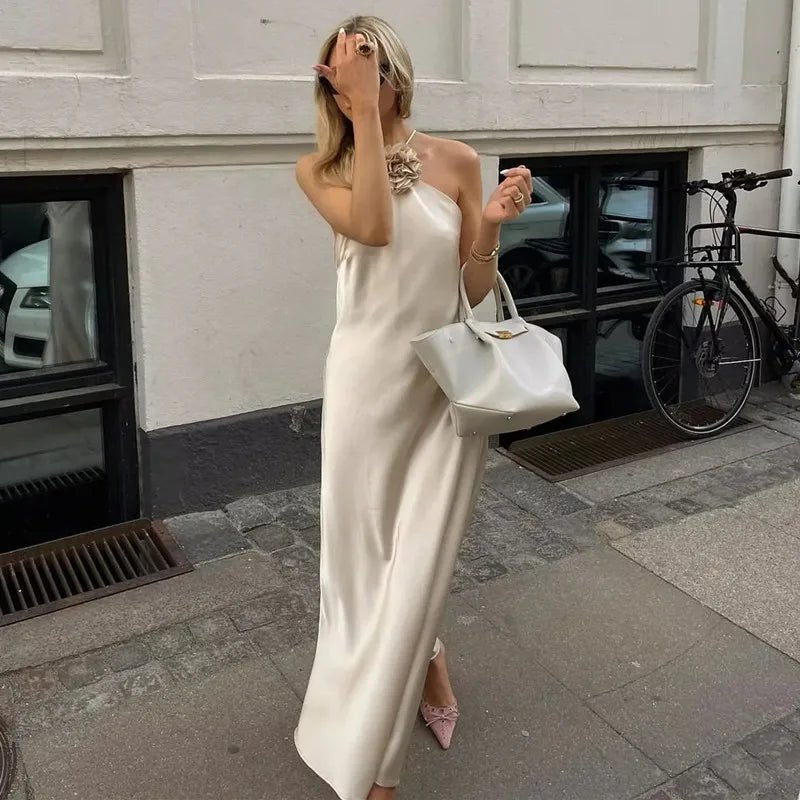 Vestido de festa midi cetim flor – Renata - Ziora