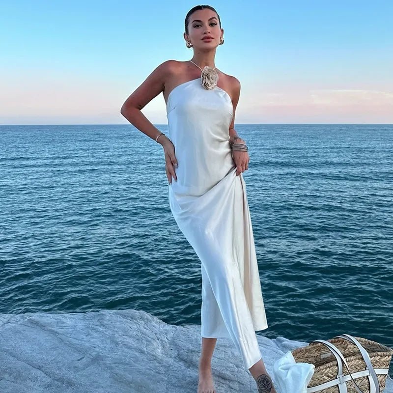 Vestido de festa midi cetim flor – Renata - Ziora