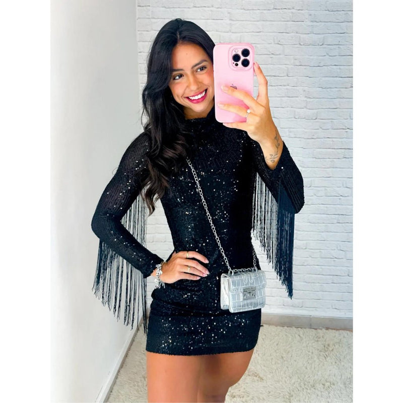 Vestido feminino moda pecuária em paetê festa country manga longa franjas brilho gola alta e zíper - Innovare