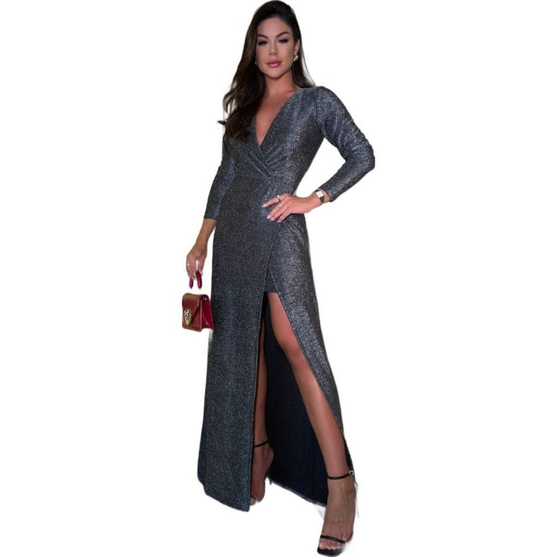 Vestido Longo com Fenda e Brilho Lurex, Formatura, Casamento - Innovare