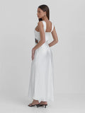 Vestido Longo em Cetim com Recortes e Renda Floral Libra - Ziora