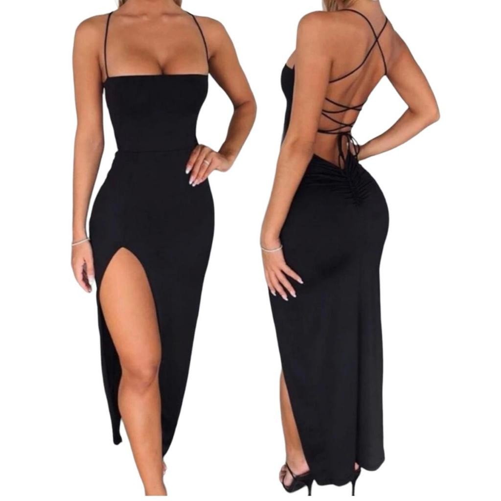 Vestido Longo Suplex Fenda na frente Empina Detalhe no Bumbum Festa Alca Trançado nas costa - Innovare