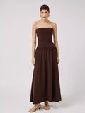 Vestido Longo Tomara que Caia Detalhe Franzido Marrom Chocolate Hellen - Ziora