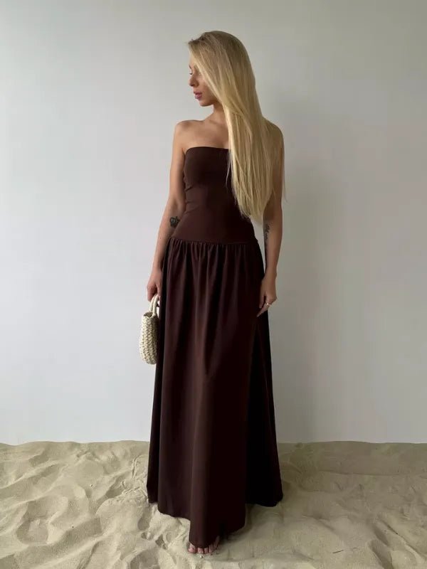 Vestido Longo Tomara que Caia Detalhe Franzido Marrom Chocolate Hellen - Ziora